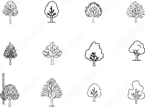 Elegant assortment of diverse tree illustrations in sketched monochrome style