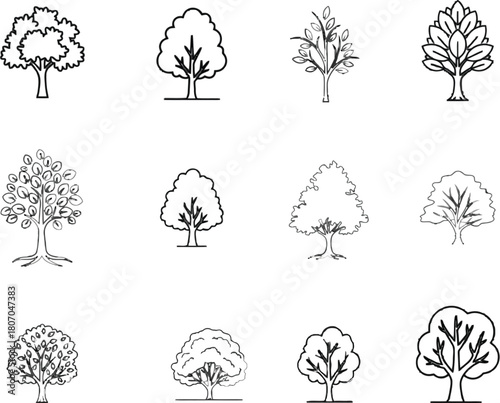 Diverse line art tree collection, a minimalistic illustration design for ecological themes