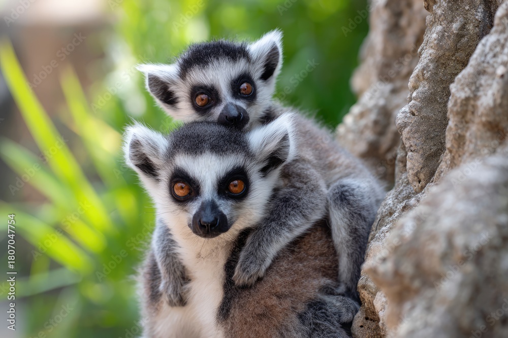 Naklejka premium Two ring-tailed lemurs, one on top of the other, on a rock
