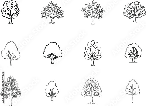Assorted tree illustrations line art, whimsical forest, arbor concept