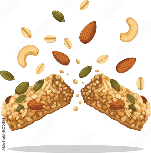Exploding granola bar with nuts and seeds, healthy snack illustration