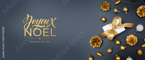 Joyeux noel and Bonee Annee. French Merry Christmas Modern calligraphy lettering on sticker for season greetings. Greeting card, frame, and banner. Holidays design.