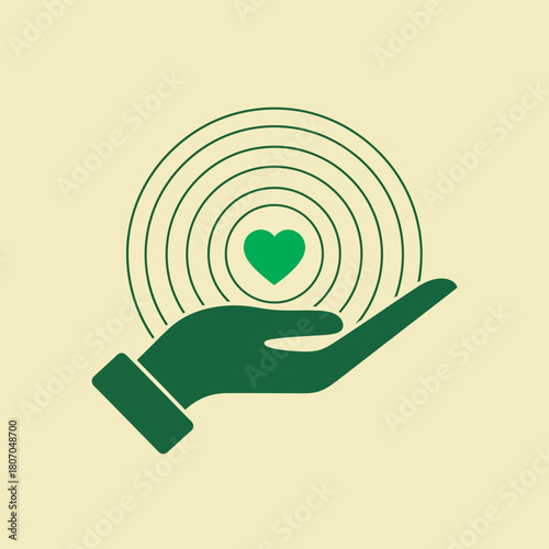 A green hand holds a radiating heart, symbolizing care, compassion, and positive impact.