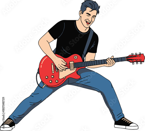 Dynamic Guitarist Illustration with Energetic Pose and Red Electric Guitar