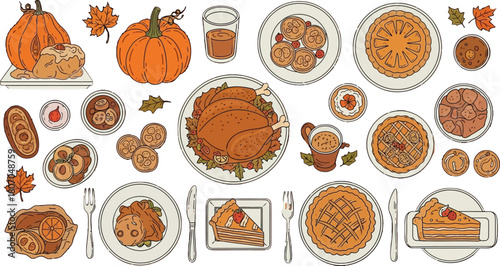 Fall feast illustration depicting traditional holiday dishes and seasonal harvest bounty