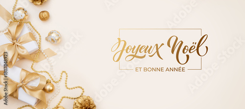 Joyeux noel and Bonee Annee. French Merry Christmas Modern calligraphy lettering on sticker for season greetings. Greeting card, frame, and banner. Holidays design.