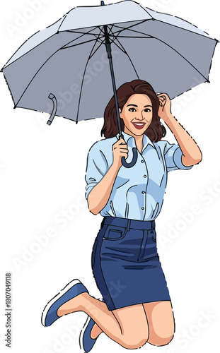 Joyful Businesswoman Leaping with Umbrella Illustration Against Weather