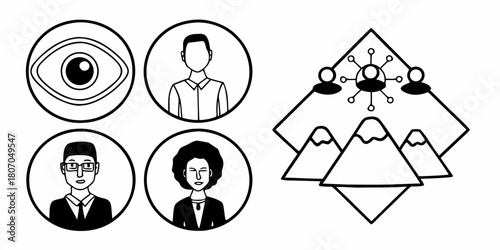 Four portraits in circles and a diamond shape with mountains and people connected by lines on transparent background