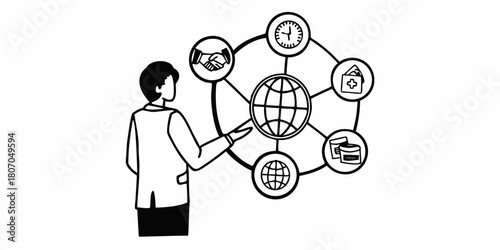 Man presenting a global network with icons representing business time and medical services in black and white on transparent background