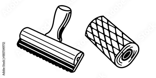 Illustration of a window squeegee with a handle and a roll of mesh material on a white background on transparent background