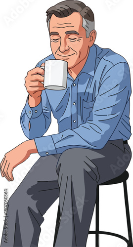 Senior man savoring morning coffee with serene expression and peaceful moment