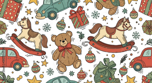 Charming Seamless Pattern with Nostalgic Christmas Toys for Festive Design