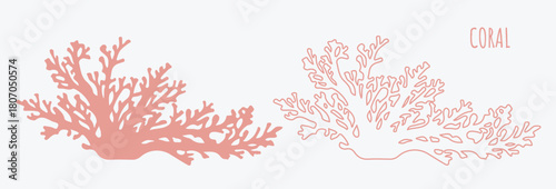 Coral. Two silhouettes of a pink coral branch. Vector illustration isolated on a light gray background. Decor, design element.