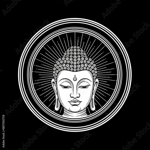 A black and white illustration of Buddha's serene face within a circular frame with a radiant halo.
