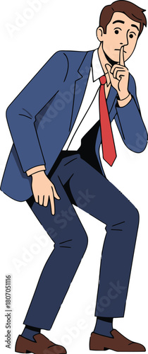 Businessman gesturing for silence and pointing down playfully, secrets concept