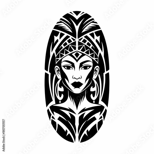 Stylized black and white vector illustration of a woman's face with intricate tribal patterns and a decorative headpiece, set within an oval shape.