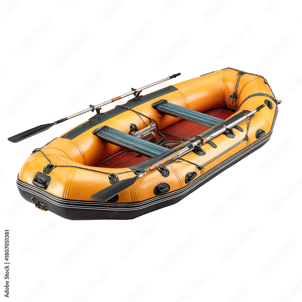 Naklejka premium Orange inflatable raft with oars on a white background