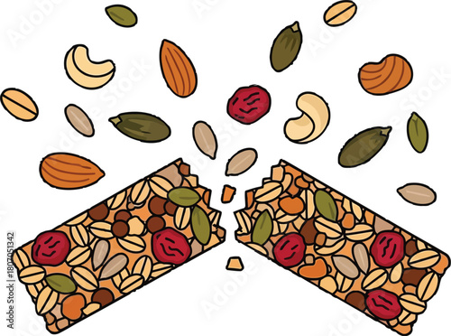 Nutritious granola bar exploding with natural ingredients and wholesome snacks