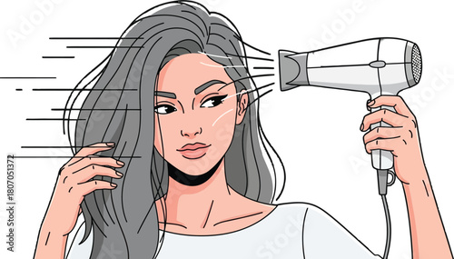Illustrated portrait of a young woman styling her hair with a hairdryer