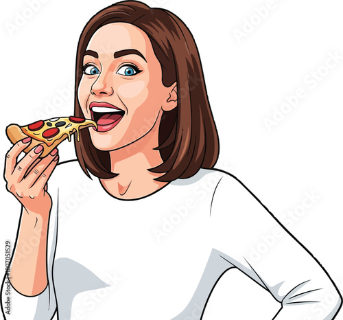 Cartoon woman joyfully eating a slice of pizza with a cheesy delight