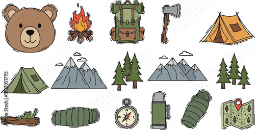 Camping adventure themed doodles set, capturing outdoor explorations and survival