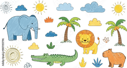 Whimsical Jungle Animals and Natural Elements Drawn Style Illustration