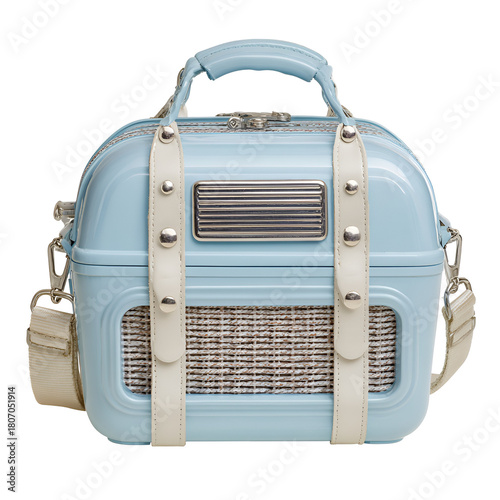 Stylish light blue vanity case with cream straps and silver accents