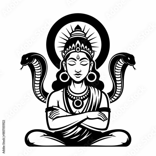 A serene depiction of a deity meditating with cobra figures and a halo.
