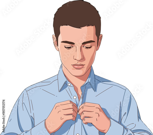Young professional man buttoning his shirt preparing for the day