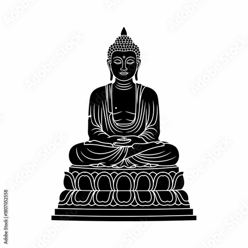 A serene black silhouette of Gautama Buddha seated in deep meditation on a traditional lotus flower throne.