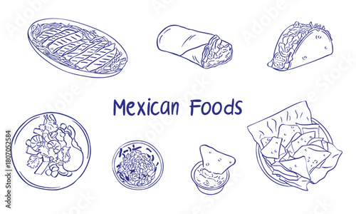 Mexican food doodle sketch drawing illustration collection set