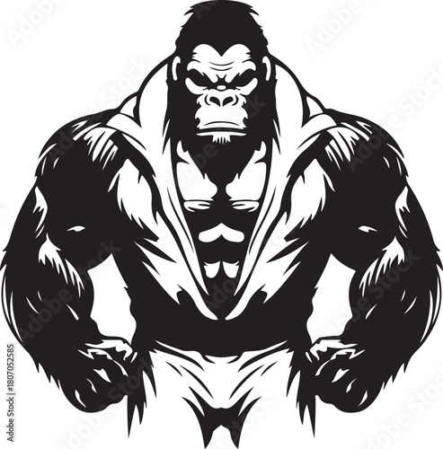 Print illustration of a muscular gorilla isolated on in black and white