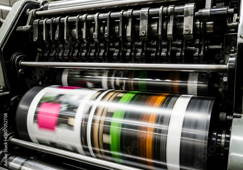 Closeup of an offset printing machine in operation with colorful design