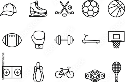 Collection of sports equipment icons in a clean line art style