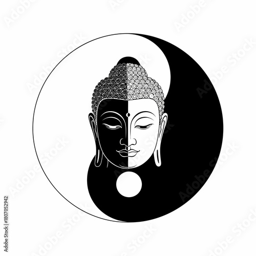 A black and white illustration of Buddha's head integrated with a Yin-Yang symbol, representing spiritual balance and harmony.