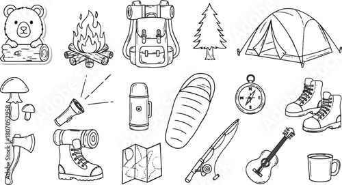 Hand-Drawn Camping Essentials: A Line Art Collection for Outdoor Adventures