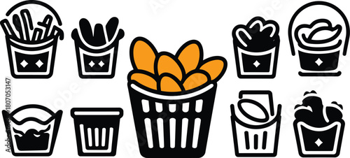 fried chicken bucket icon set silhouette style minimal vector art illustration on a white background
