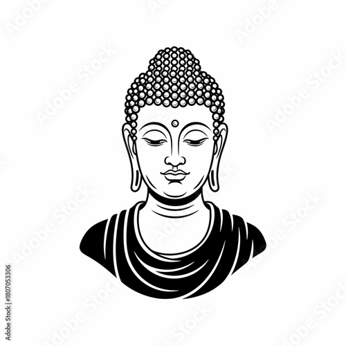 A serene black and white illustration of a meditating Buddha, depicted with closed eyes.