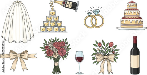 Delicate and charming wedding-themed elements in a hand-drawn style illustration