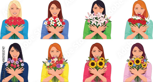 Diverse women with radiant smiles embrace vibrant flower bouquets symbolizing joy