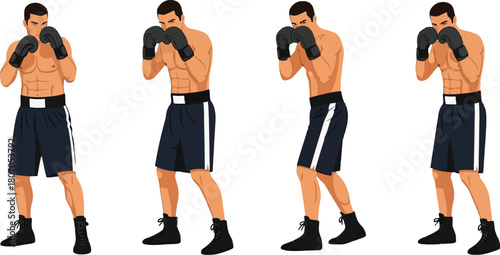 Dynamic compilation of male boxers in assertive fighting stance isolated