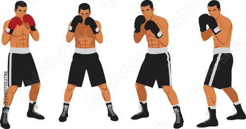 Diverse stances of determined boxer silhouettes showcasing strength and agility