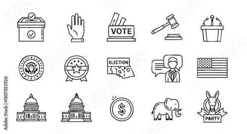 American political symbols and icons in black and white drawing style