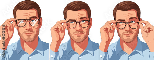 Man adjusting glasses in sequential steps for clarity illustration