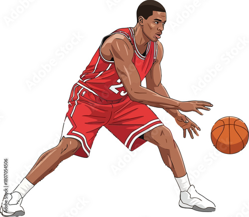Dynamic action illustration of a basketball player dribbling the ball