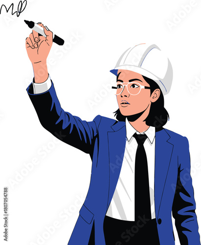 Female engineer drafts design with marker for innovative project plan