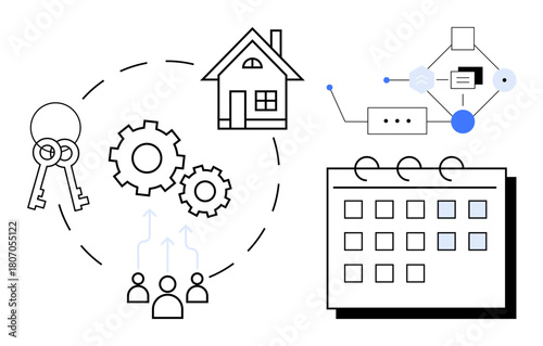 House and keys linked to gears, flowchart, and calendar with people icons. Ideal for real estate, project planning, teamwork, process management, scheduling workflow and strategy. Simple flat