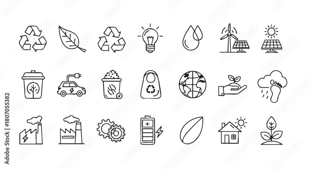 Obraz premium Environmental sustainability icons in outline style representing green solutions concept