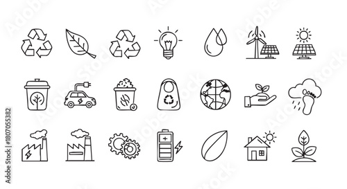 Environmental sustainability icons in outline style representing green solutions concept