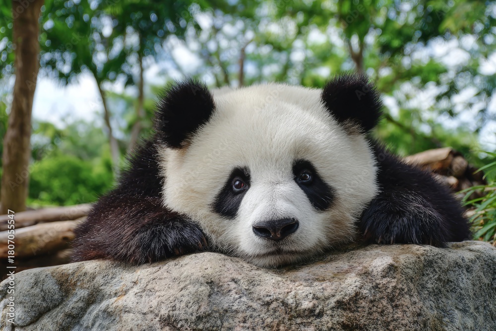 Obraz premium Cute panda cub resting on a rock, surrounded by lush green foliage